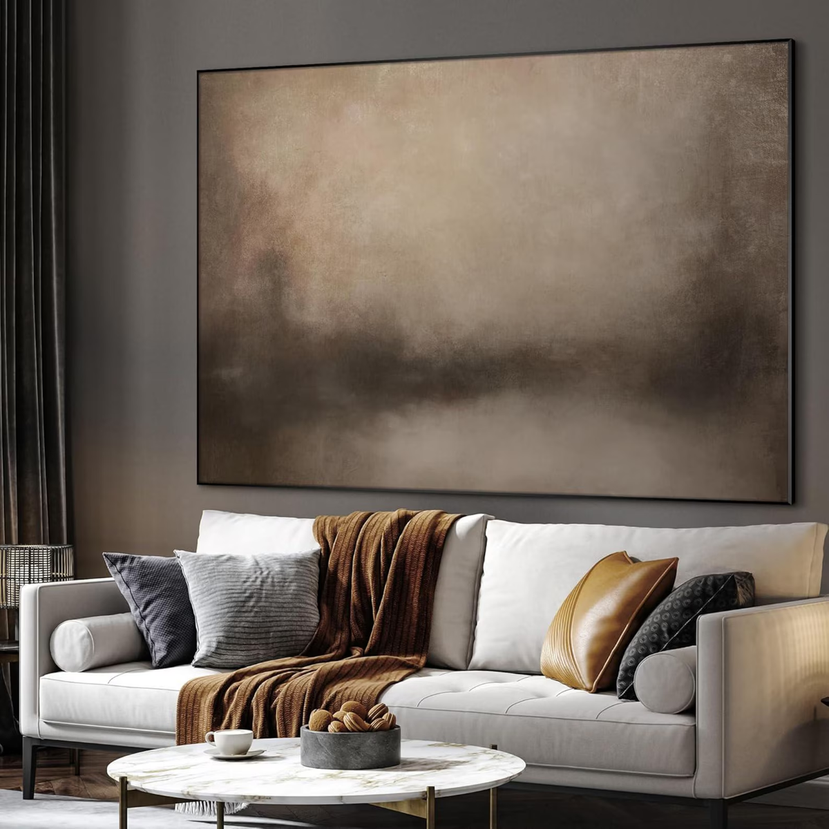 Neutral Abstract Landscape - Extra Large Framed Wall Art, Minimalist Beige Earth Tone Print, Modern Calm Nature Decor for Living Room
